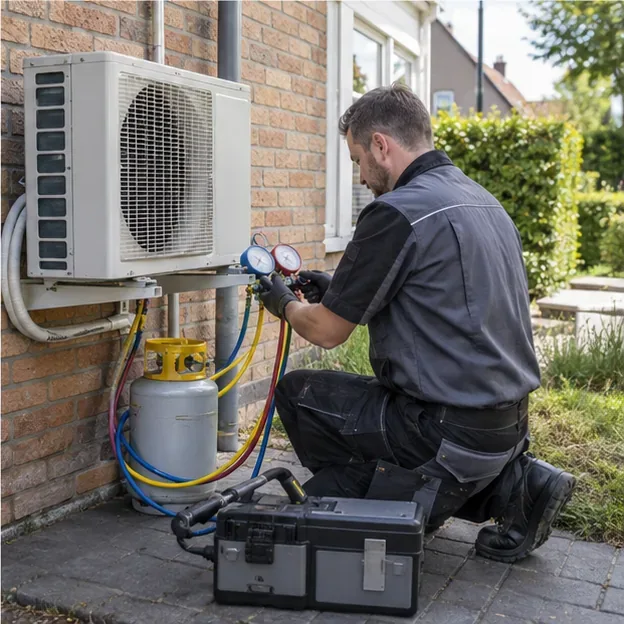Een installateur gebruikt professionele meet- en terugwinningsapparatuur bij de buitenunit van een vaste split-airco.