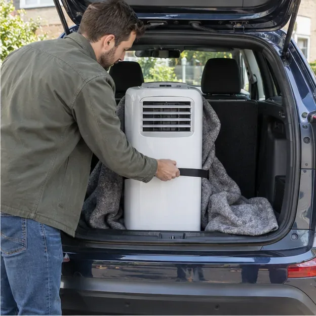 Een draagbare airco staat rechtop en met een spanband vastgezet in de kofferbak van een auto.
