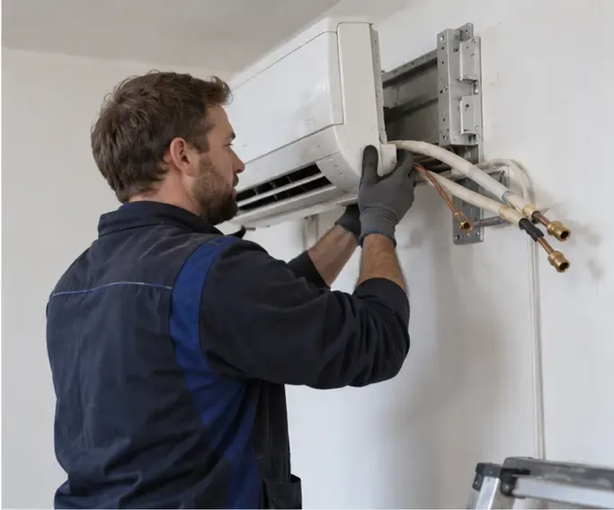 Een aircomonteur in werkkleding verwijdert professioneel een vaste split-airco van de muur