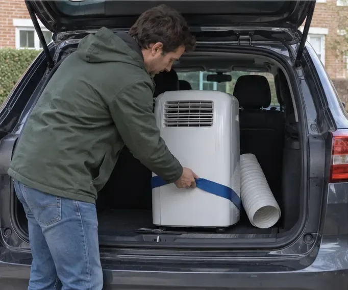 Een man zet een uitgeschakelde mobiele airco rechtop vast in de kofferbak van een auto