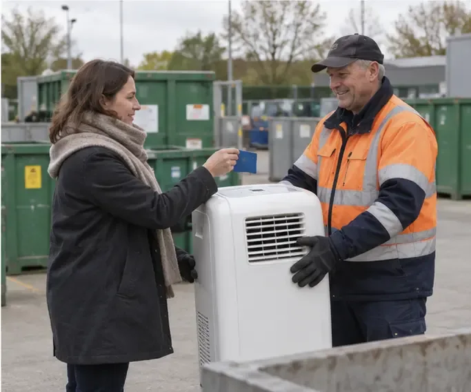 Inwoner overhandigt een mobiele airco en een toegangspas aan een medewerker van een milieubrengstation