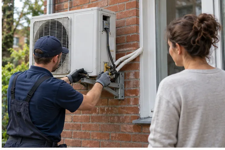 Een monteur werkt aan de buitenunit van een vaste split-airco aan een bakstenen gevel