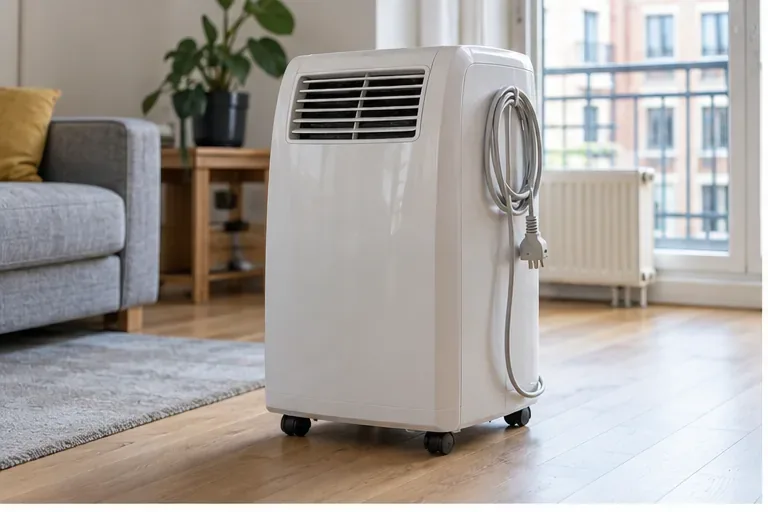 Een losse mobiele airco op wieltjes in een woonkamer, klaar om veilig te worden afgevoerd