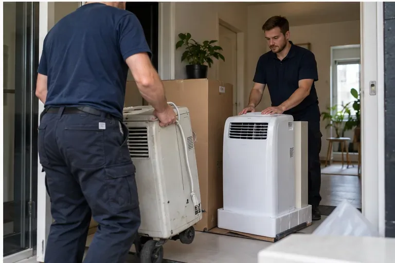 Twee bezorgers bij een woning met een oude en een nieuwe mobiele airco
