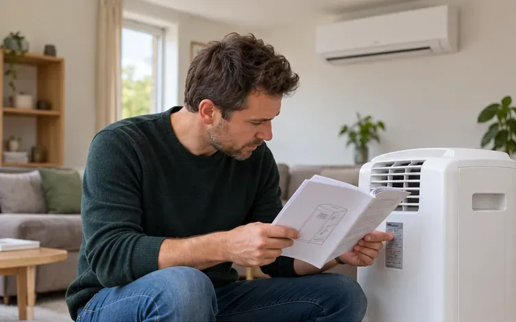 Een bewoner bekijkt de handleiding naast een mobiele airco; aan de muur hangt een aparte binnenunit van een split-airco.