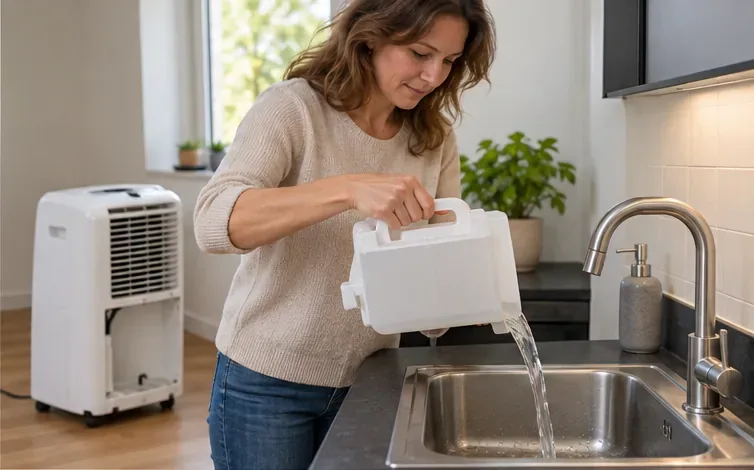 Een vrouw giet het water uit de losse opvangbak van een mobiele airco in een gootsteen.