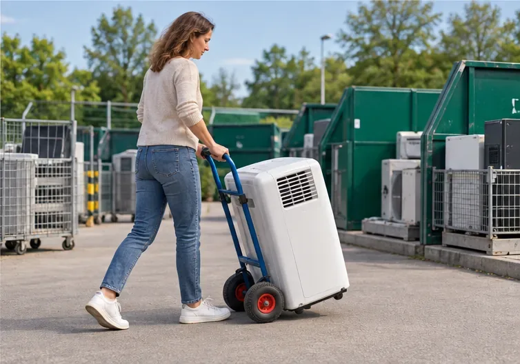 Een vrouw vervoert een mobiele airco rechtop op een steekwagen naar een gemeentelijk inzamelterrein met gescheiden containers.