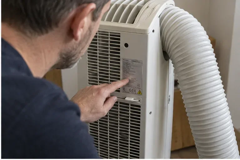 Iemand bekijkt het typeplaatje op de achterkant van een mobiele airco met de afvoerslang ernaast
