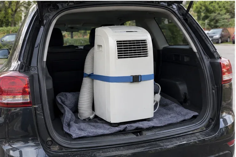 Een mobiele airco staat rechtop en met een spanband vastgezet in de bagageruimte van een auto