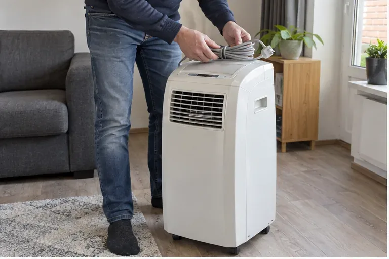 Een mobiele airco in een woonkamer waarvan het netsnoer netjes wordt opgerold voor transport