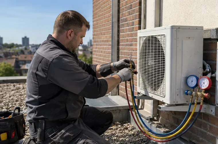Een koeltechnisch monteur werkt met manometers en slangen aan de buitenunit van een split-airco.