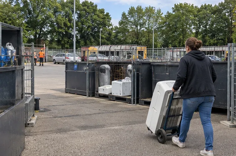 Een bewoner rijdt een oude mobiele airco op een steekwagen een afvalbrengstation binnen, met containers en afgedankte apparaten op de achtergrond.