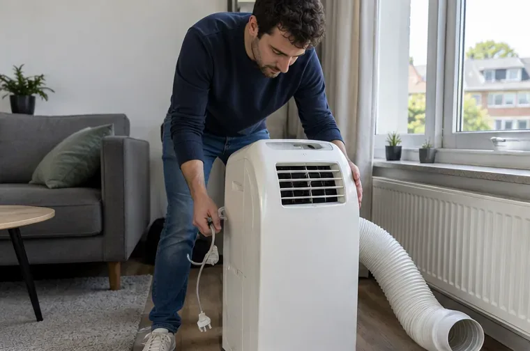 Een bewoner koppelt een mobiele airco los van het stopcontact en maakt de afvoerslang vrij in een woonkamer.