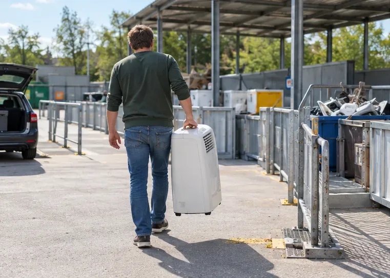 Een bewoner brengt een draagbare airco naar een inzamelpunt voor elektrische apparaten.