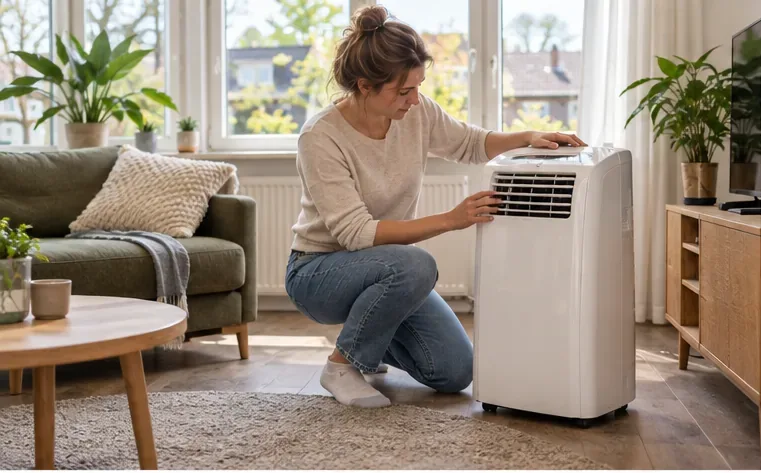 Een bewoner controleert een draagbare airco die nog bruikbaar lijkt.