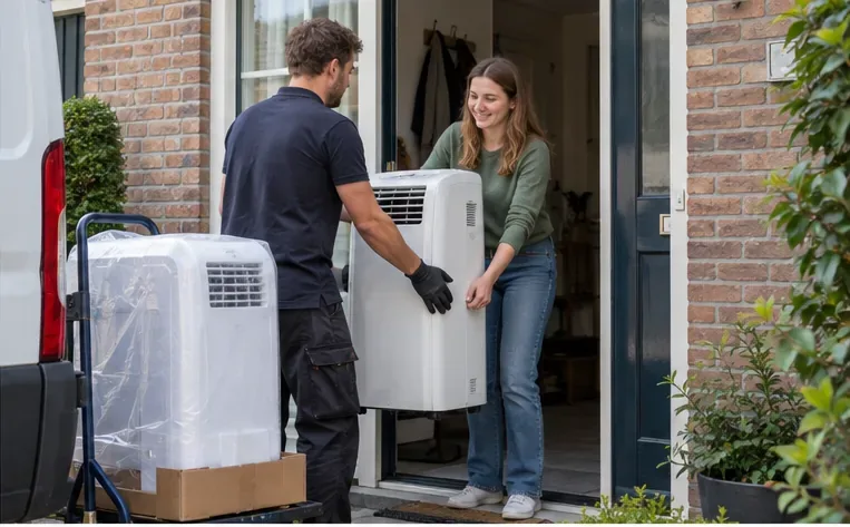 Een bezorger neemt een oude draagbare airco mee bij de levering van een nieuw apparaat.