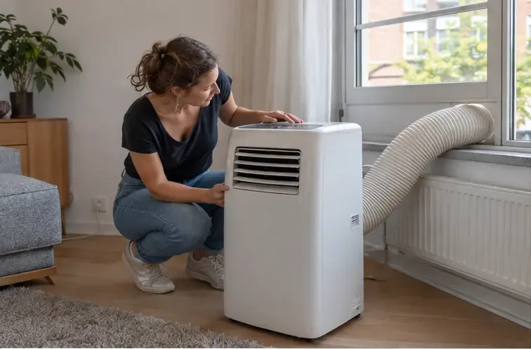 Een mobiele monoblock-airco wordt binnenshuis herkend aan het ene losse apparaat met een flexibele afvoerslang
