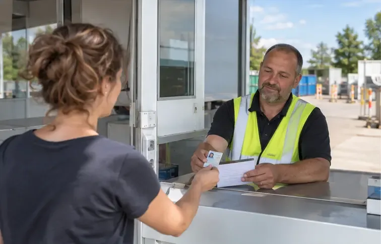 Een inwoner toont een identiteitsbewijs en adresdocument aan een medewerker bij de ingang van een recyclingcentrum