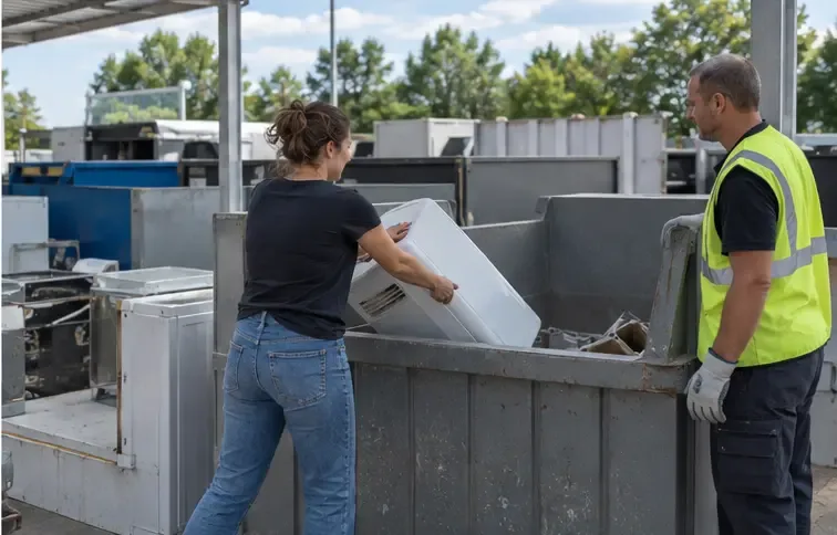 Een mobiele airco wordt bij een recyclingcentrum door een inwoner naar een container voor grote elektrische apparaten gebracht