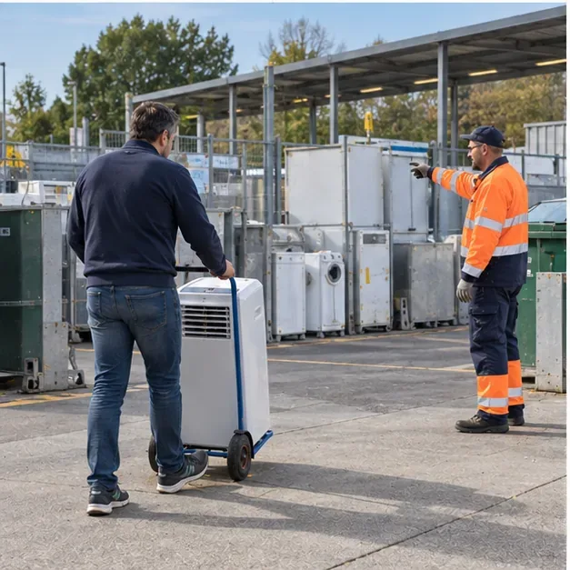 Een man brengt een mobiele airco op een steekwagen naar een milieustraat terwijl een medewerker hem naar de juiste plek wijst.