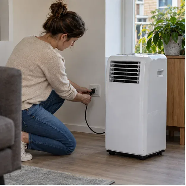 Een vrouw trekt de stekker van een witte mobiele airco uit het stopcontact in een woonkamer.