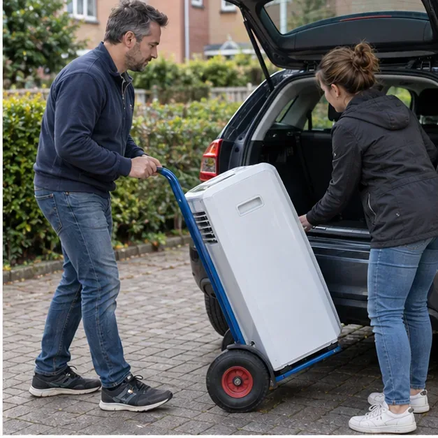 Twee personen laden een witte mobiele airco met een steekwagen in de achterklep van een auto.