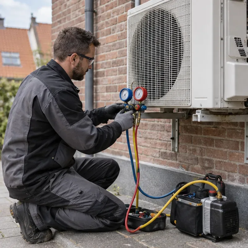 Een monteur in beschermende werkkleding controleert met meetapparatuur een buitenunit van een vaste split-airco