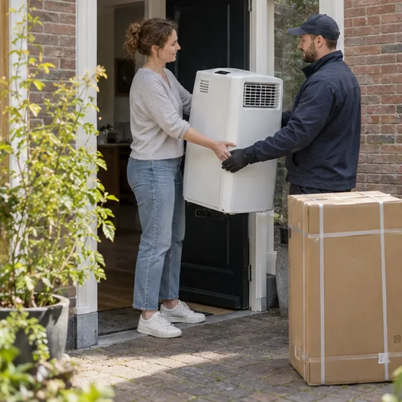 Een bewoner draagt een oude draagbare airco over aan een bezorger naast een nieuwe verpakte airco