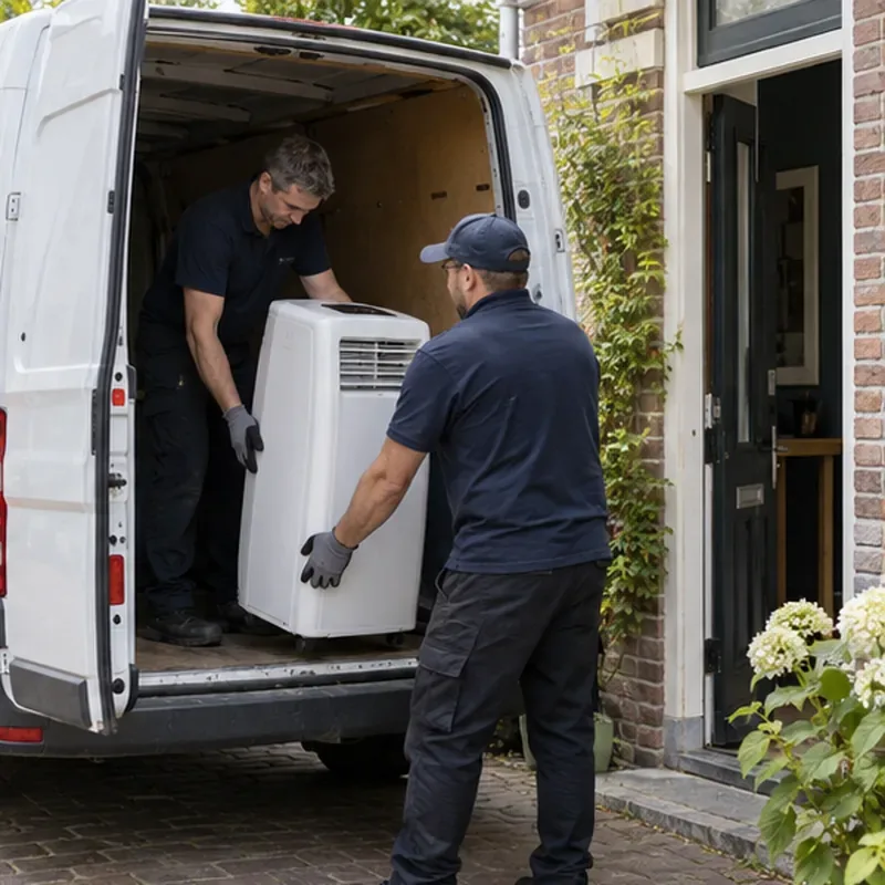 Twee medewerkers laden een draagbare airco voorzichtig in een bestelwagen bij een woning