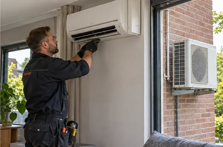 Een vakmonteur inspecteert de binnenunit van een split-airco terwijl de buitenunit aan de gevel zichtbaar is