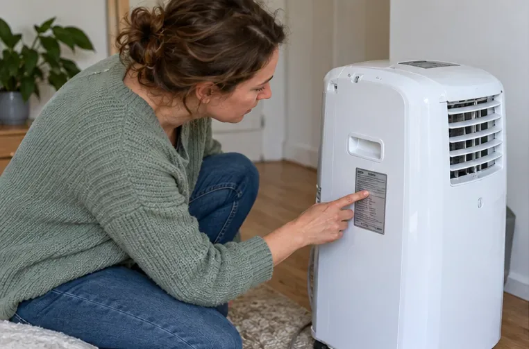 Een bewoner bekijkt het typeplaatje op een mobiele airco die van de stroom is losgekoppeld
