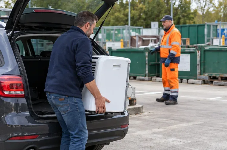 Een bewoner laadt een intacte mobiele airco uit de auto bij een gemeentelijke milieustraat