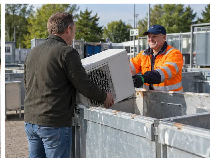 Een inwoner draagt een airco over aan een medewerker bij een gemeentelijk recyclingstation.