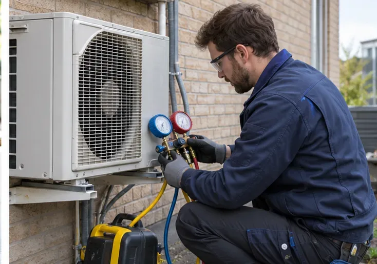 Een servicemonteur werkt met meetapparatuur aan de buitenunit van een split-airco.