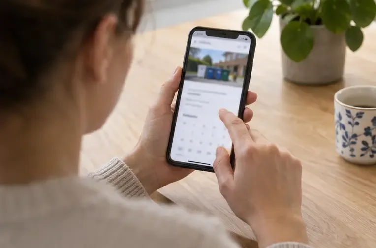 Een bewoner gebruikt een smartphone om een afspraak bij een gemeentelijke milieustraat te plannen