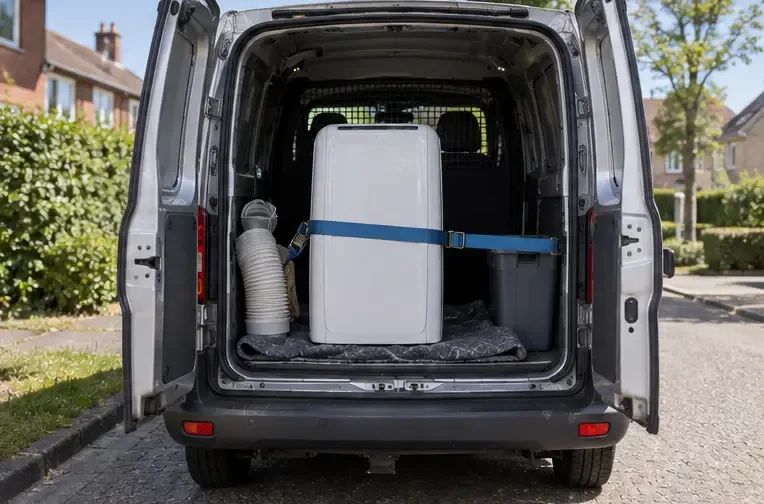 Een complete mobiele airco staat rechtop met een spanband vastgezet in de laadruimte van een bestelwagen