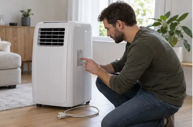 Een bewoner bekijkt het typeplaatje van een complete mobiele airco terwijl de stekker zichtbaar op de vloer ligt