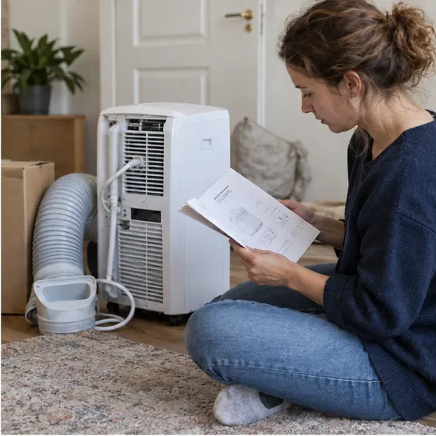 Een vrouw leest de handleiding naast een uitgeschakelde mobiele airco en de bijbehorende luchtafvoerslang.