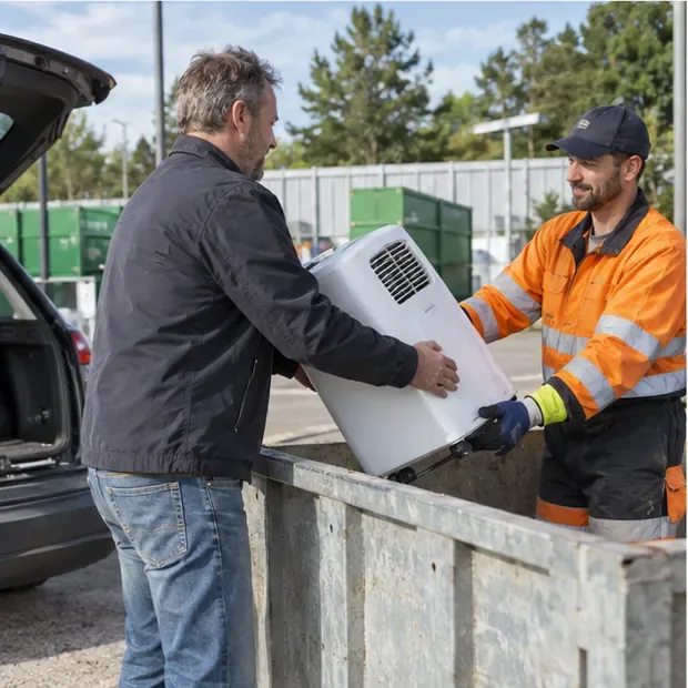 Een bewoner overhandigt een mobiele airco aan een medewerker bij een inzamelpunt voor afgedankte apparaten.