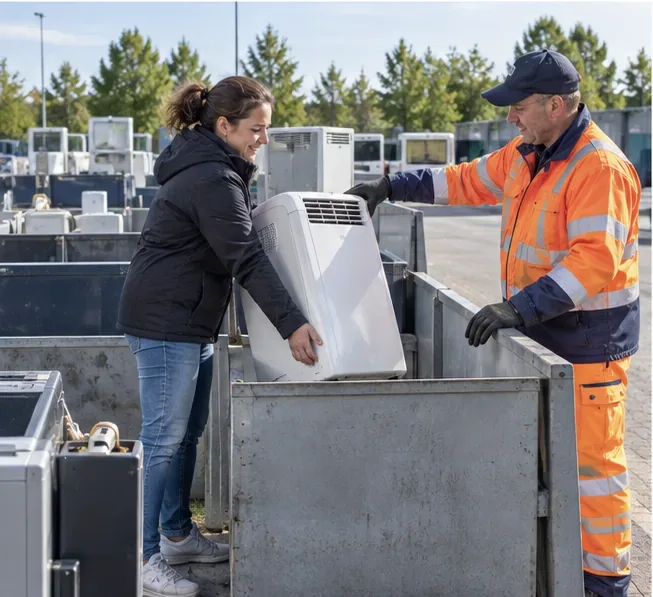 Een inwoner levert een mobiele airco in bij een medewerker van een Nederlands recycleplein.