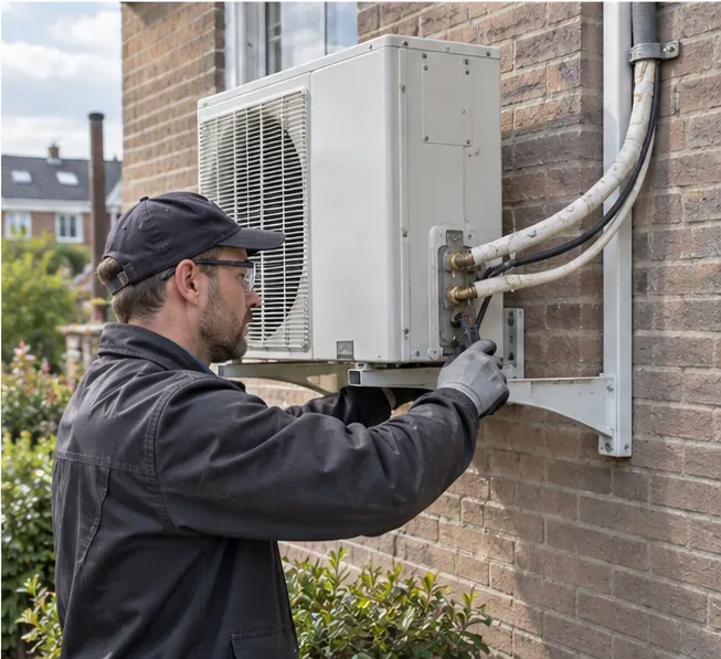 Een monteur werkt aan de buitenunit van een vaste split-airco terwijl de leidingen aangesloten blijven.