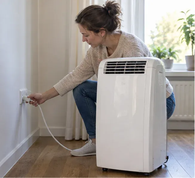 Een mobiele airco wordt binnenshuis eerst uit het stopcontact gehaald voordat hij wordt verplaatst.