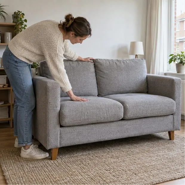 Een bewoner controleert de bekleding en kussens van een grijze tweezitsbank