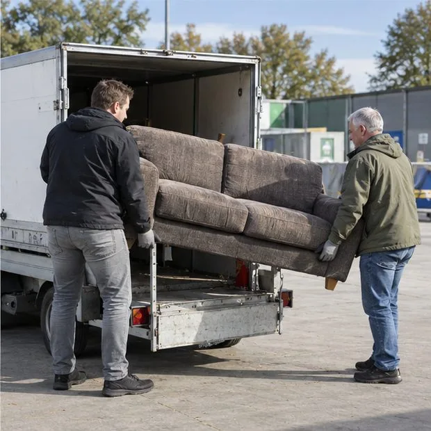Twee mensen laden samen een bank in een bestelwagen
