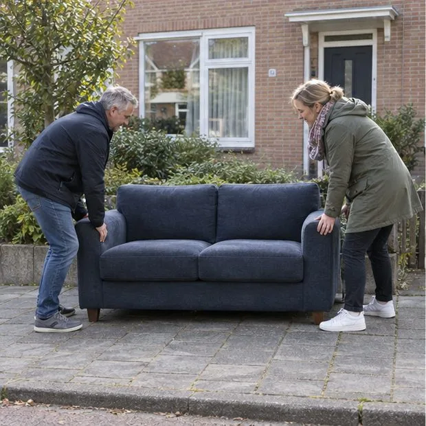 Twee bewoners zetten een bank op een verharde plek voor een woning