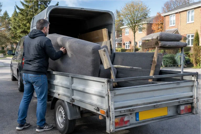 Een man laadt delen van een grijze bank op een aanhanger achter een auto
