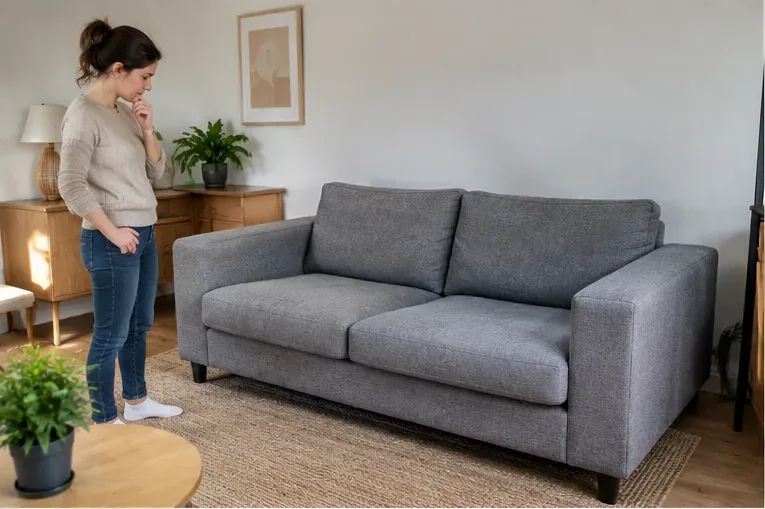 Een grijs bankstel in een woonkamer terwijl een bewoner bekijkt of het meubel nog bruikbaar is