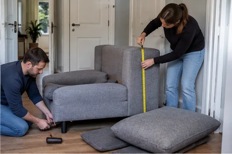 Twee mensen meten een grijze bank en verwijderen losse onderdelen voordat deze uit huis wordt gedragen