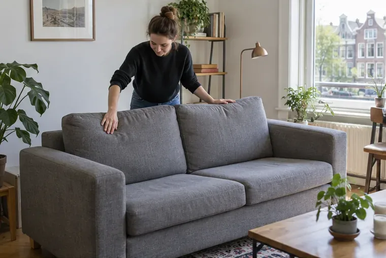 Een bewoner controleert de bekleding van een grijze bank in een lichte woonkamer.