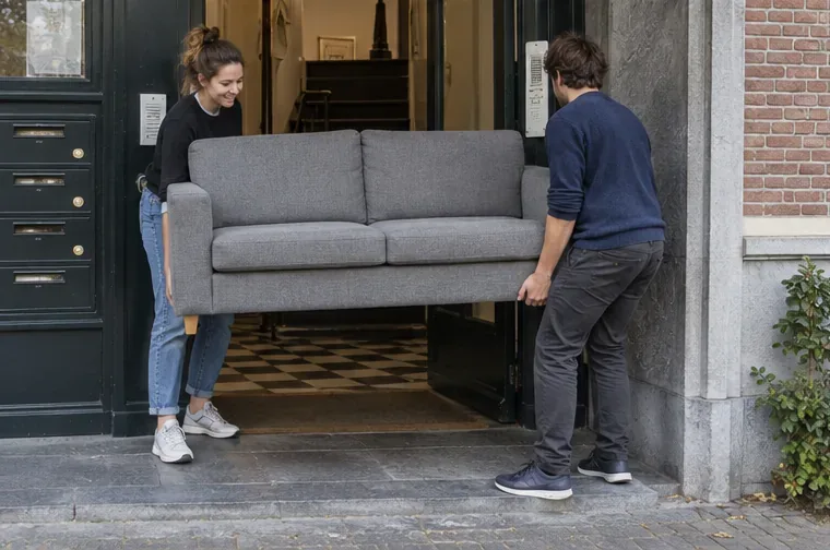 Twee volwassenen dragen een grijze bank door de deuropening van een woning.